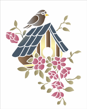 Stencil OPA 3469 - Casinha de Pássaros com Flores - 20 x 25cm