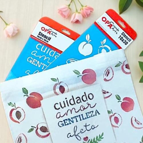 Stencil OPA 3725 - Feirinha Estamparia Pêssegos - 10 x 30cm  |  Stencil OPA 3302 - Palavras Sentimentos - 14 x 14cm