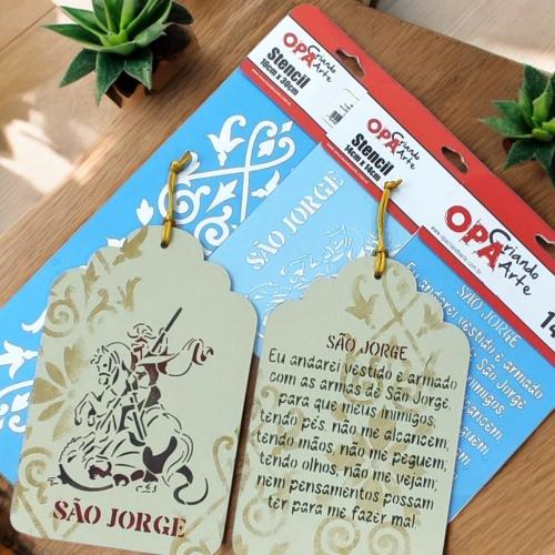 Stencil OPA 3735 - Religião Oração São Jorge - 14 x 14cm  |  Stencil OPA 3738 - Religião São Jorge - 14 x 14cm  |  Stencil OPA 0736 - Arabesco Folhas I - 10 x 30cm