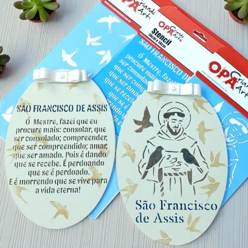 Stencil OPA 3737 - Religião São Francisco - 14 x 14cm  |  Stencil OPA 3734 - Religião Oração São Francisco - 14 x 14cm  |  Stencil OPA 3657 - Frase Ore - Espere - Confie - 20 x 25cm