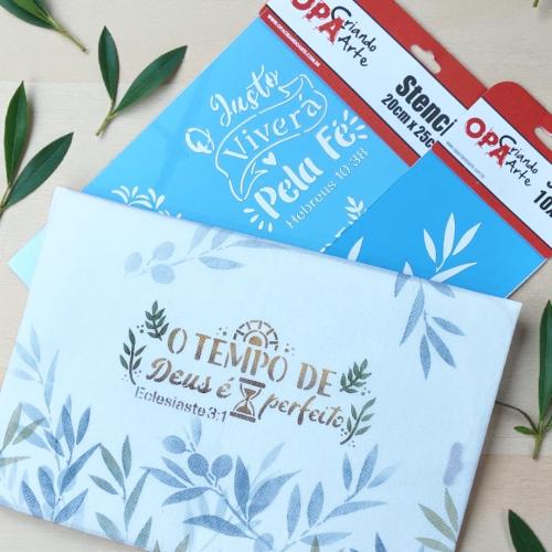 Stencil OPA 3749 - Religião Frases - O Tempo de Deus - 20 x 25cm  |  Stencil OPA 3695 - Feirinha Galho de Azeitona - 10 x 30cm