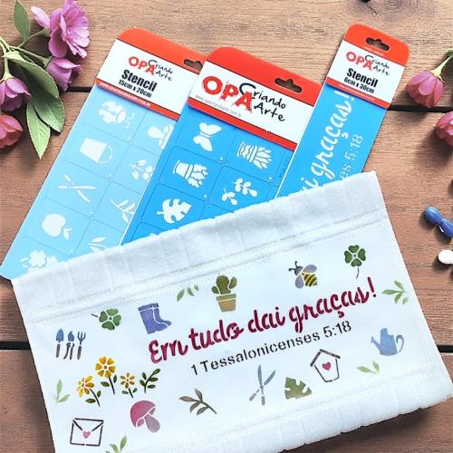 Stencil OPA 3750 - Religião Frases - Em tudo dai graças - 06 x 30cm  |  Stencil OPA 3747 - Chaveirinho Jardim I - 15 x 20cm  |  Stencil OPA 3746 - Chaveirinho Jardim - 15 x 20cm
